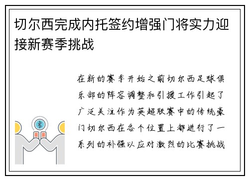 切尔西完成内托签约增强门将实力迎接新赛季挑战